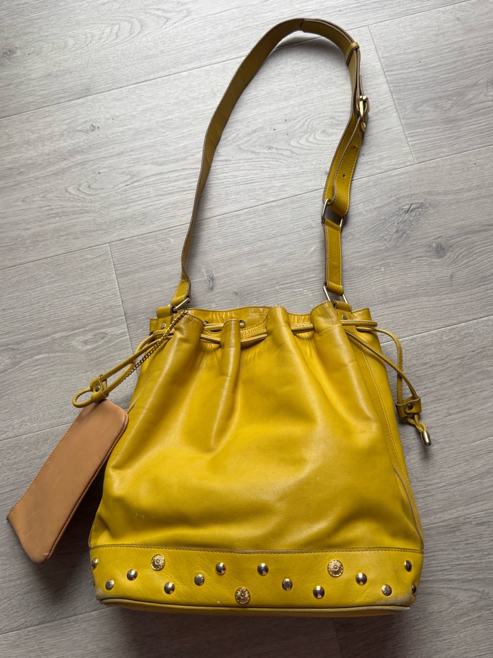 Celine Vintage Yellow Leather Drawstring Shoulder Bucket Bag with Studs